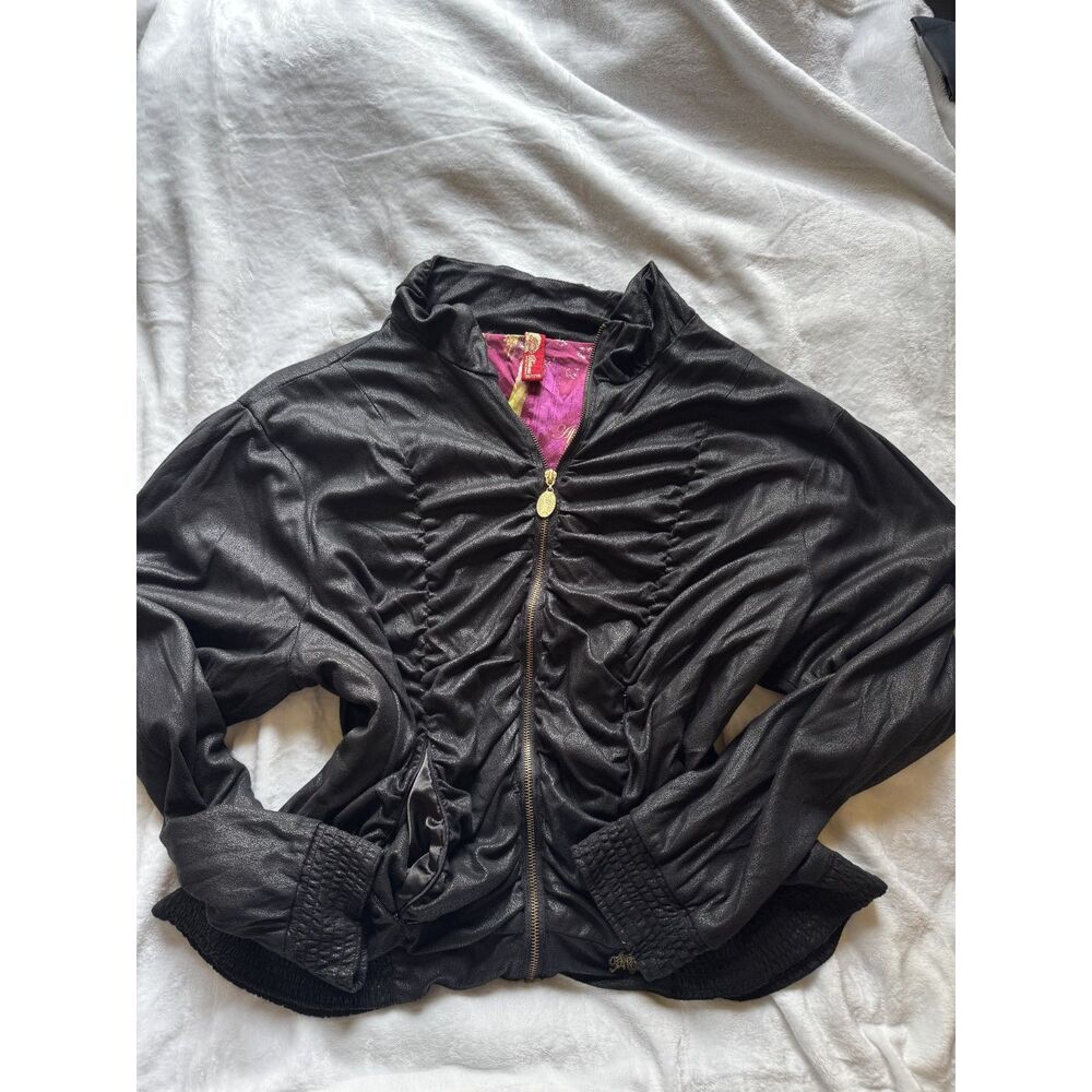 Apple Bottoms Y2K Womens Black Ruched Coated Jacket Gold Logo McBling Zip Up